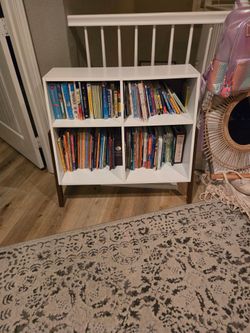 White bookshelf w/wood legs