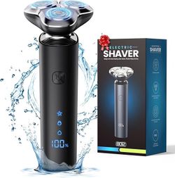 Powerful electric shaver with a 3-blade rotary shaving system and a touch switch. This black device has Type-C fast charging, an LED display, and a tr