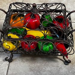 Vintage Italian Merano. Hand Blown Glass Fruit In A Vintage Iron Metal Basket