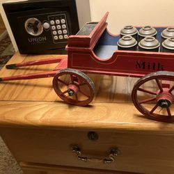 Antique Toy Mohair Horse  Primitive Milk Wagon  and jugs Rare