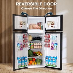4.0 Cu.Ft. Mini Fridge with Freezer, Dorm Essentials, Double Door, Small Refrigerator for Office, Dorm, Bedroom, Adjustable Thermostat, Large Capacity