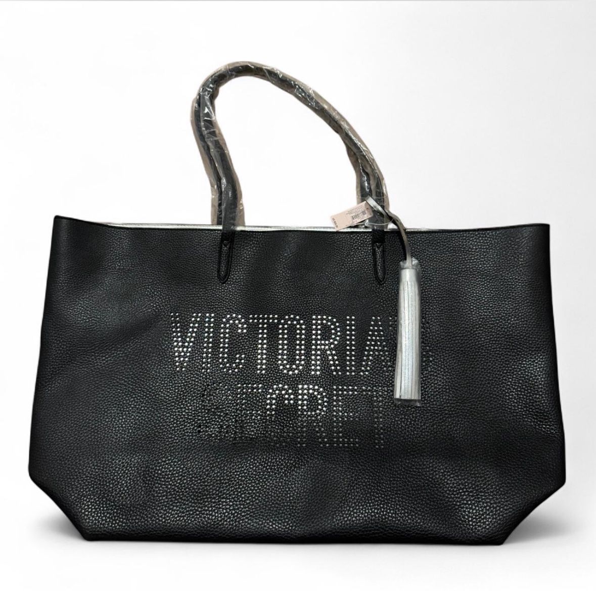 Victorias Secret Tote Bag Black Silver Tassel Weekender NWT