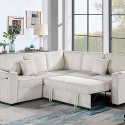 Corduroy Sectional Sleeper Sofa Pull Out Bed With Storage