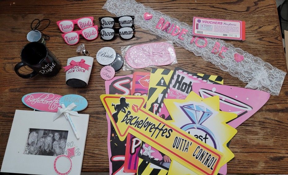 Various Mix Of Bachelorette Bride Groom Decorations Accessories