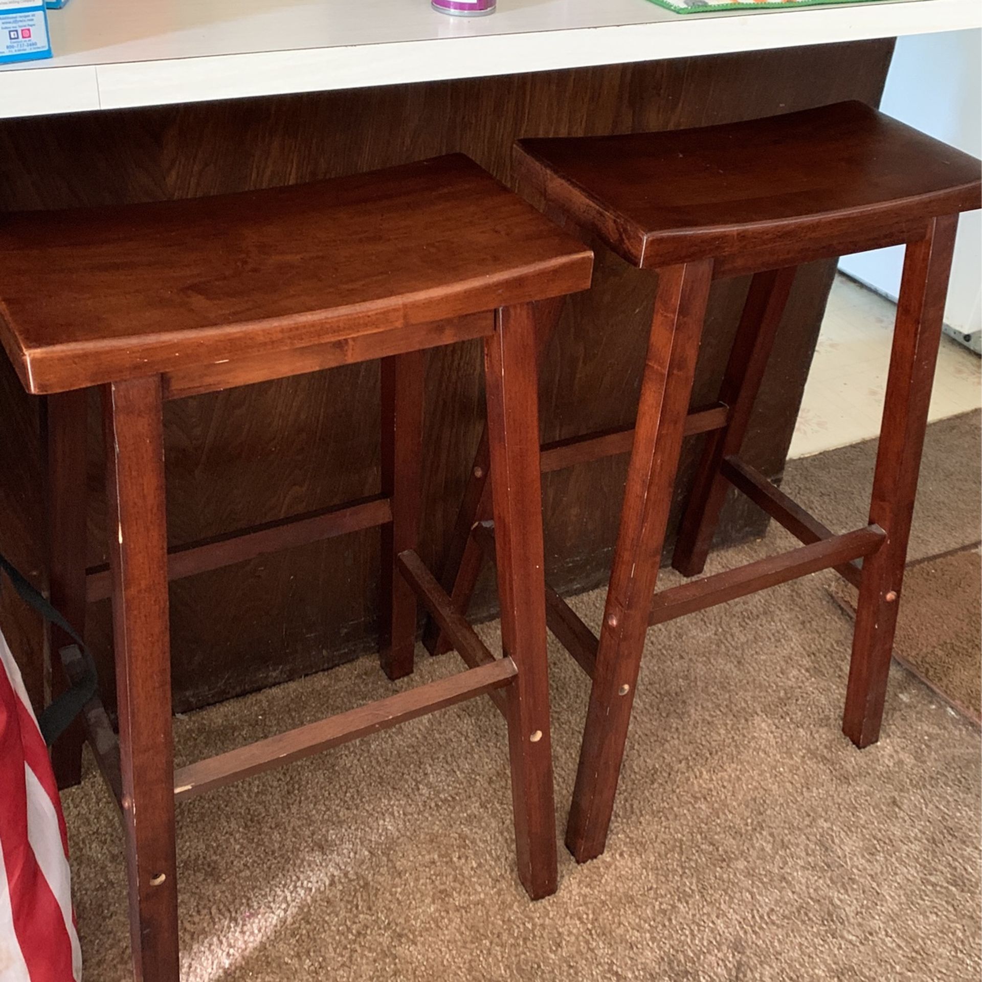 2 Wooden Saddle Style Bar Stools