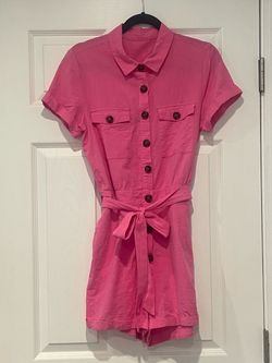 Pink Button-Front Short Romper with Belt