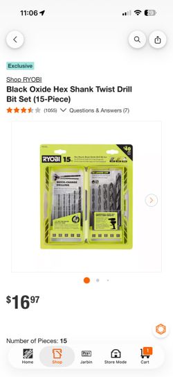 RYOBI A971503 15-Piece Hex Shank Black Oxide Drill Bit Set - New