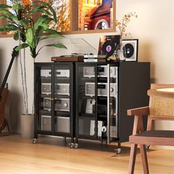 Heavy Duty 4-Tier Media Cabinet, Audio-Video Media Stand with Tempered Glass Doors, Metal Stereo Cabinets with 3 Adjustable Shelves, Storage Cabinet f