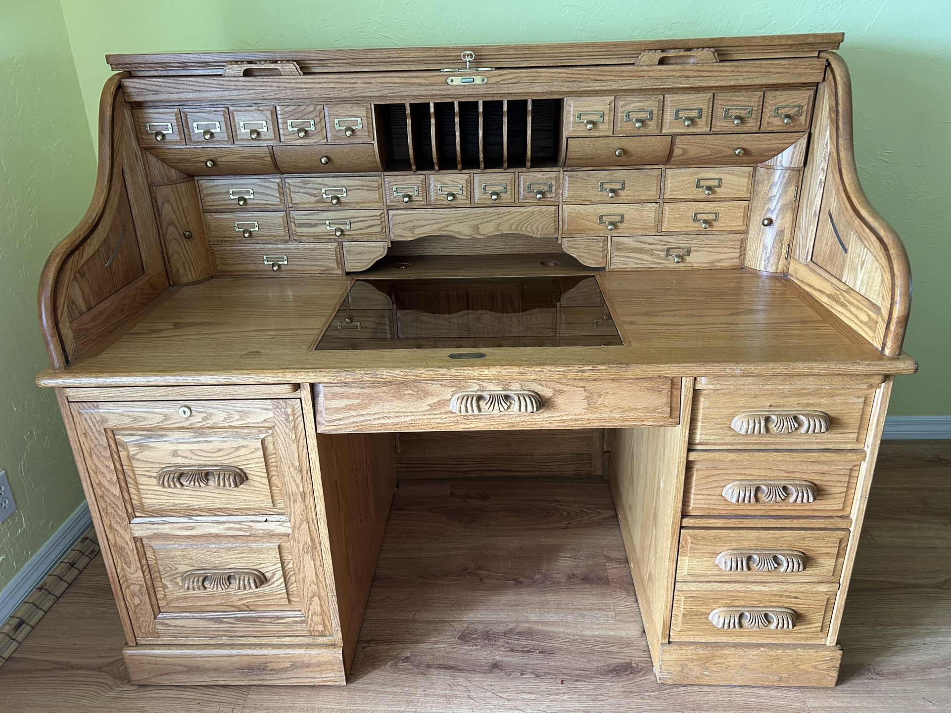 WINNERS ONLY - Solid Oak Wood Roll Top Desk