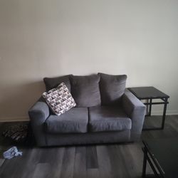 Grey Love Seat And Grey  Couch With 2 End Tables And Table 