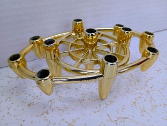 Vintage Mid Century Modern Atomic Space Age Gold Colonial Oval Holder for Flower Taper Candles