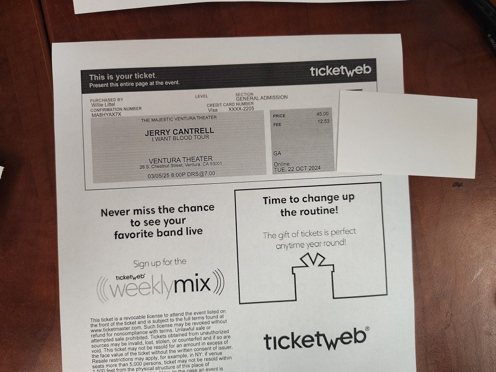 2 Tickets To Jerry Cantrell At Ventura Theater