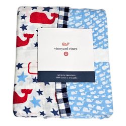 VINEYARD VINES 2pk Muslin Swaddle Blanket Vineyard & Patchwork Whale
