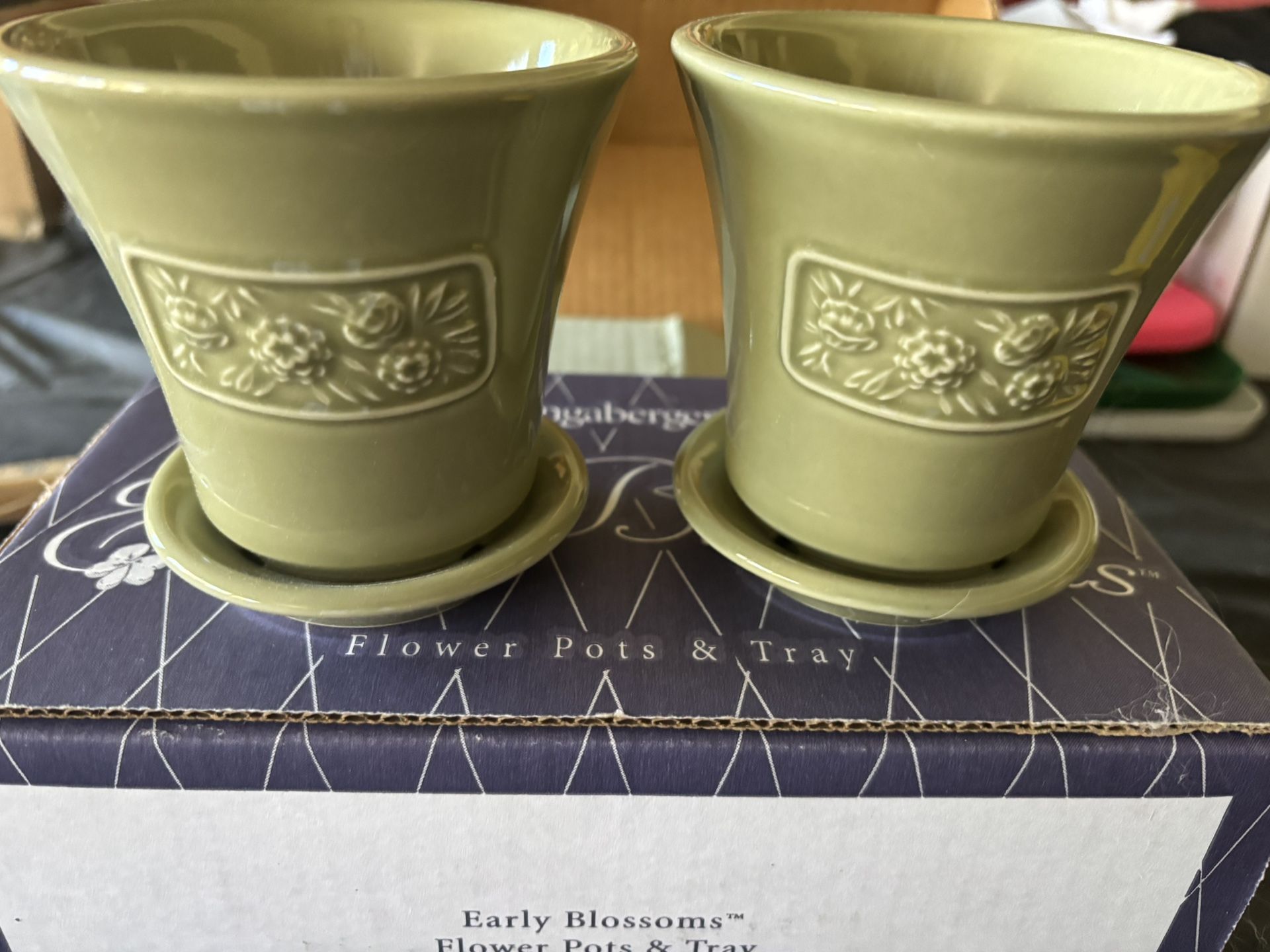 Longaberger NWT Vintage Pair Of Sage Green Peony Flower Pots And Saucers 