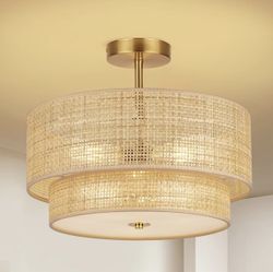 16'' Semi Flush Mount Ceiling Light Fixture, Boho Rattan Ceiling Light with 2-Tier Drum Shade, 3-Light Gold Metal Frame, Farmhouse Chandelier, 
