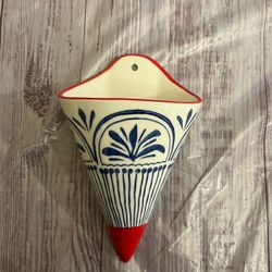 Vtg Ceramic Pottery Wall Pocket Hanging Flower Pot Vase Red Blue Planter Painted