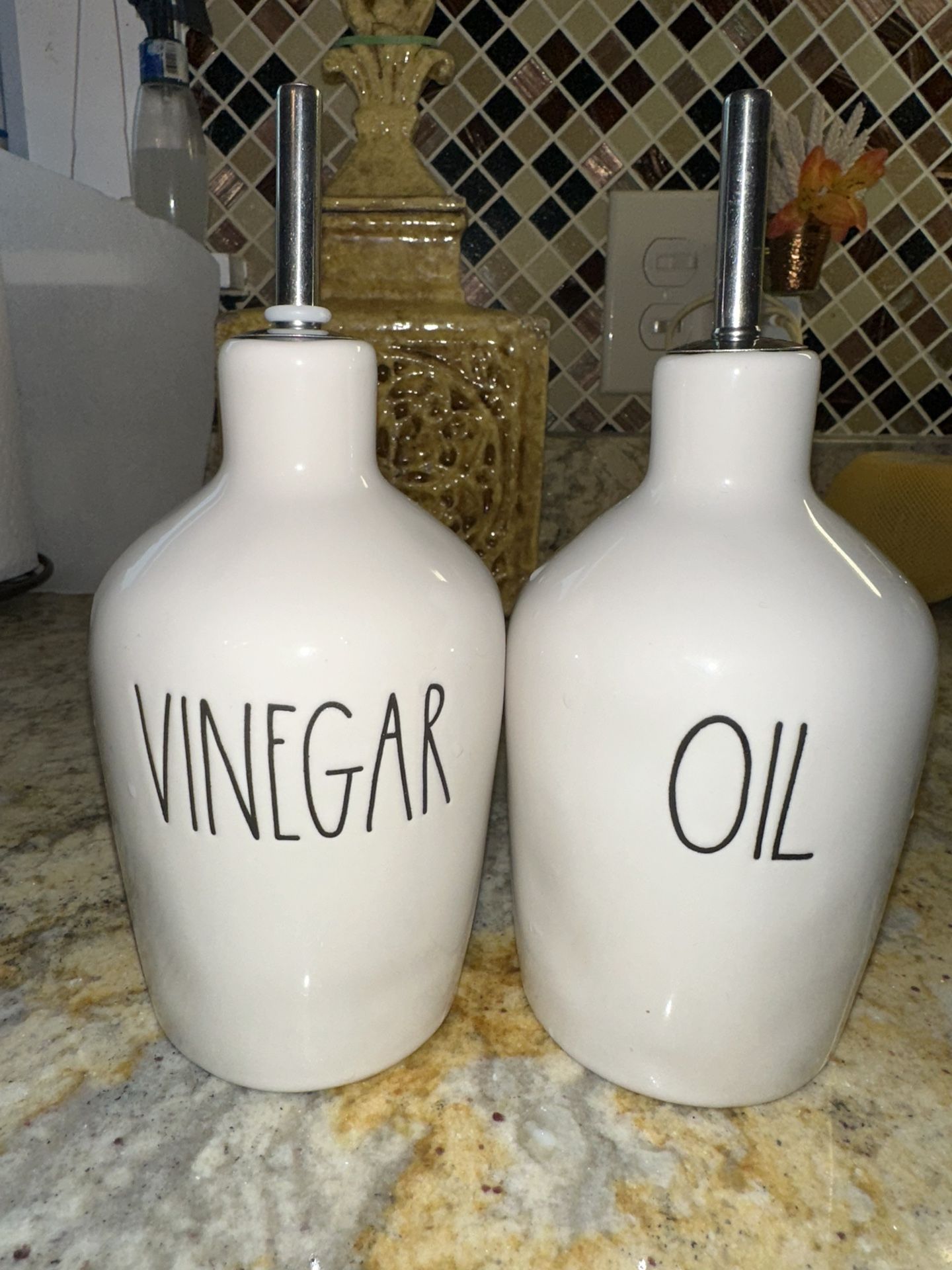 Rae Dunn Artisan Oil & Vinegar Cruets Set of 2 Off White Ceramic Kitchen Decor
