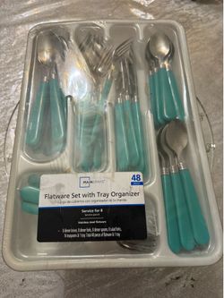 Flatware set with tray organizer service of eight turquoise color