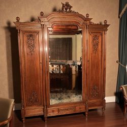 19th C Louis XVI French Walnut Wood Antique Triple Mirrored Armoire Hutch