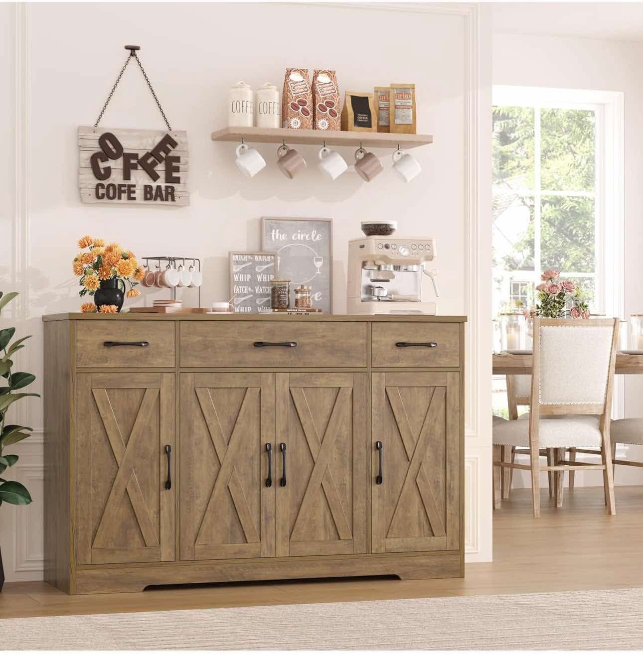 Office, Buffet Sideboard Cabinet with Drawers, 55" Large Buffet Storage , Rustic Brown S-17