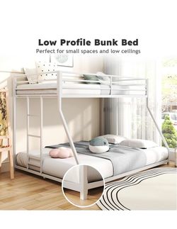 Zevemomo Low Profile Twin Over Full Bunk Bed, White Metal Bunkbeds with Full-Length Protect and Ladder, Space Saving, No Boxing Spring Needed $150 Num