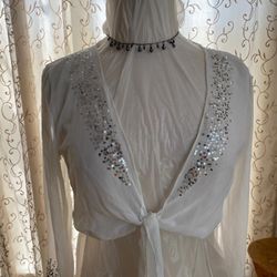 rue21 White Sheer Sequin Embellished Tie Front Shift L