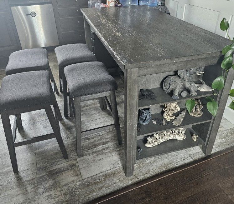 5 piece dining table with stools and side shelves-see description