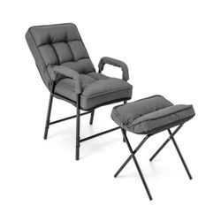 New Linen Fabric Modern Accent Chair with Ottoman and Adjustable Backrest