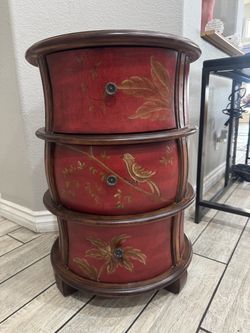 VTG Chinoiserie 3-Drawer Hand-Painted Round Drum Cabinet W/Floral & bird Motifs