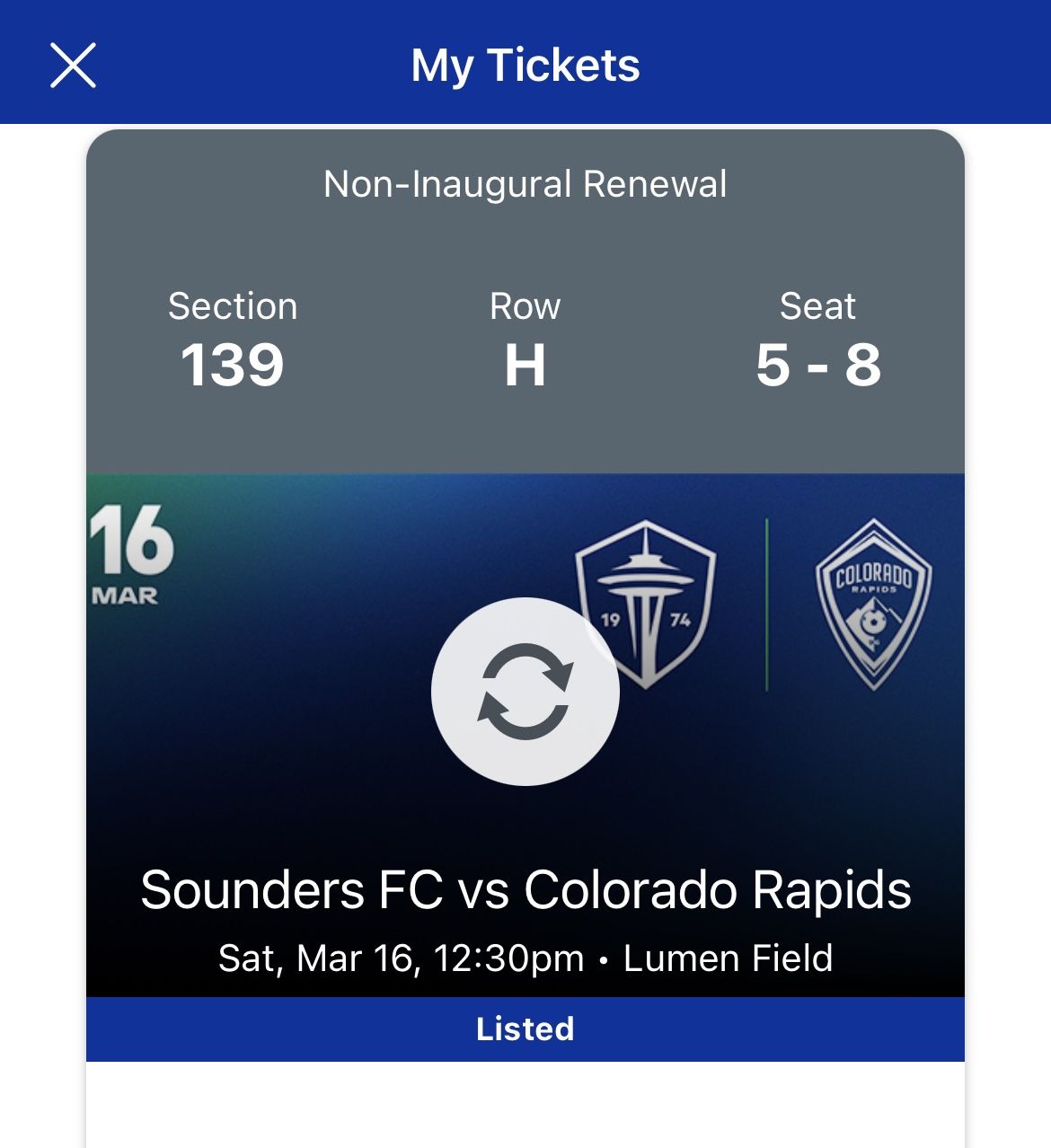 1 Ticket - Sounders vs Rapids - Sat 3/16