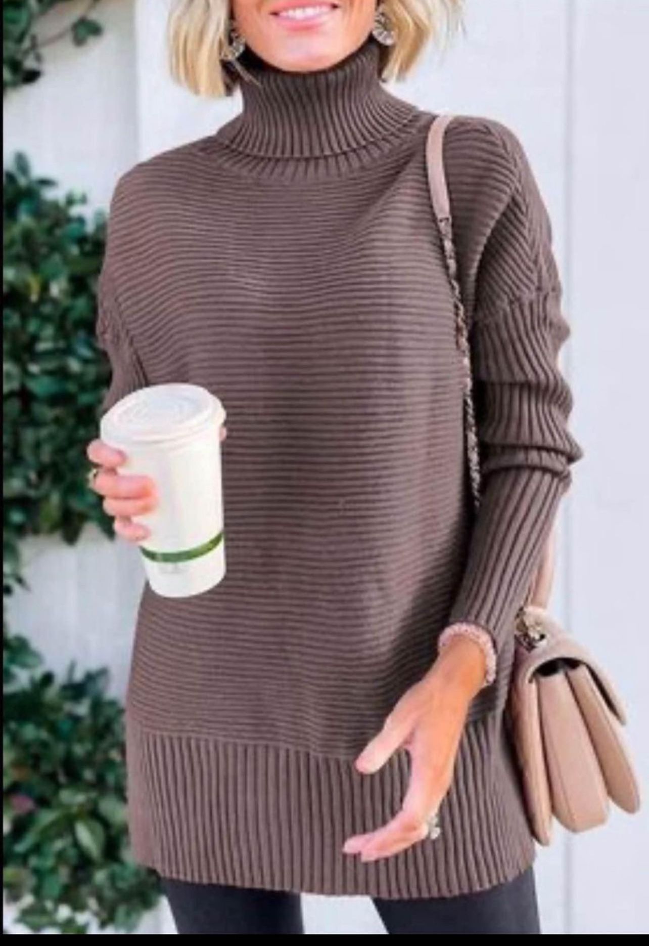 Brandnew Womens Turtleneck Oversized Tunic Fall Sweaters Long Batwing Sleeve SpiltHem Pullover-Small