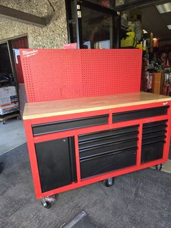 61in MILWAUKEE PEGBOARD mobile Toolbox Workbench With Soft Closing Drawers, Flip Down Side Tray, Power Bar, Liners, New, Financing Available