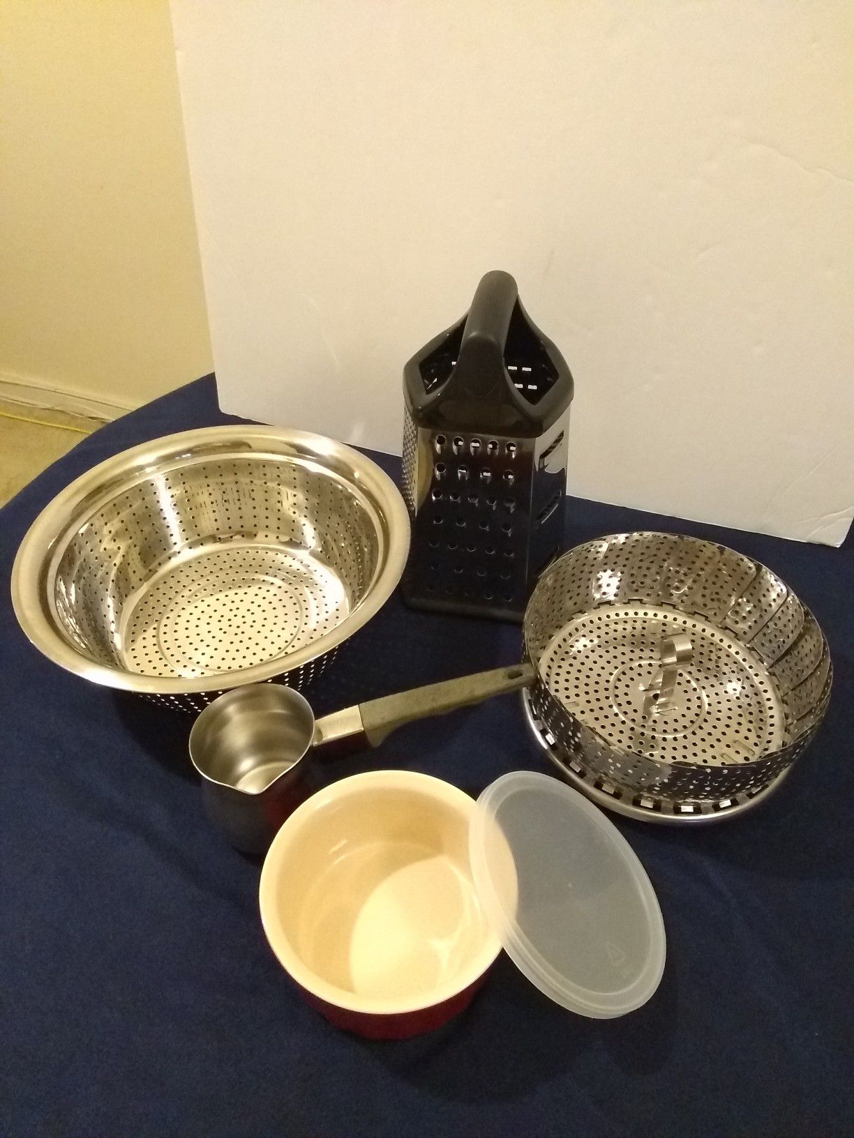 Ramekin with Lid, Strainer, Colander, Grater, Stainless Steel Turkish Coffee Pot, Bread Paddle
