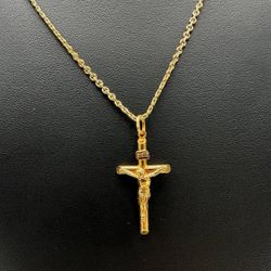 Solid 18k Yellow Gold Cross Charm INRI Crucifix Pendant Necklace 18.5" 4.7 grams