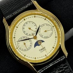 Timex Quartz MoonPhase triple date vintage Gold Tone Men's Watch, Japan 377, 34mm
