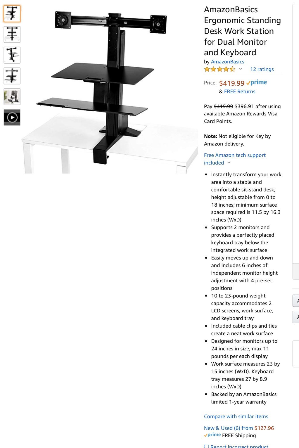 Ergonomic Standing Desk Work Station for Dual Monitor mount and Keyboard stand