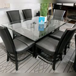 Modern luxury Glass top table with streamlined dark Gray 6 chairs diningroom table set  w/ Sturdy base