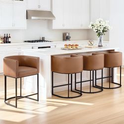 24" Counter Height Bar Stools Set of 4 Modern Barrel Counter Stools with Backrest and Arms, Faux Leather Upholstered Accent Barstools with Metal Legs 