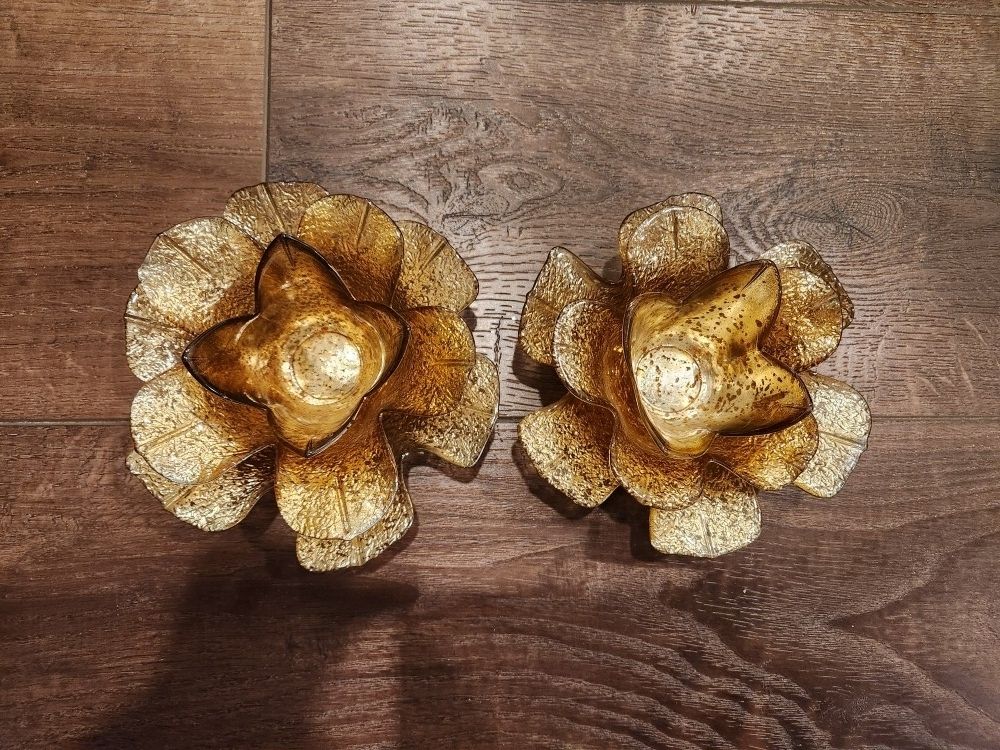Gold Flower Glass Candle Holder Sets of 2, 7 inch Wide