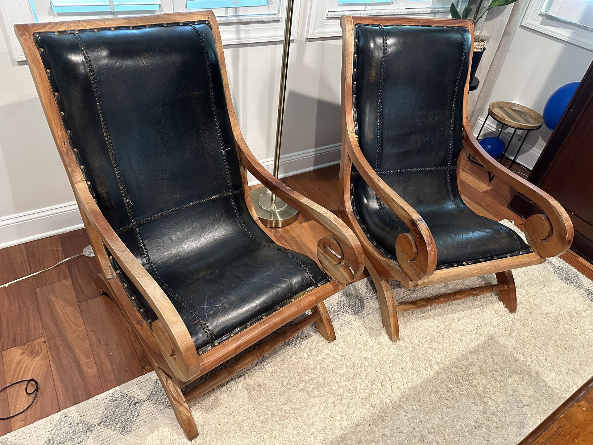 Solid Wood And Genuine Leather Lounge Chairs