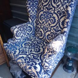 Beautiful Blue Hi Back Armchair With Sun Faded Arm
