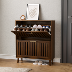 Seoul 31.5" Walnut Modern Shoe Storage Cabinet with 2 Flip Drawers