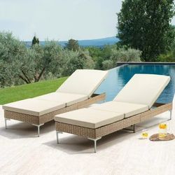 Rattan Patio Chaise Lounge Chair Set of 2 for Outside, Outdoor Pool Lounge Chair, Reclining Wicker Lounge Chair Set with Adjustable Backrest, Cushions