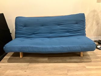 Ikea Queen Futon Couch Light Wood Frame Blue Thick Cushion - Moving !