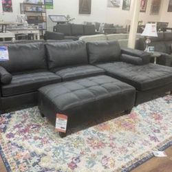 Ashley Brand Black Leather Sectional Sofa Couch 