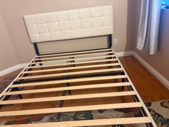 Queen Bed Frame with White Tufted Headboard