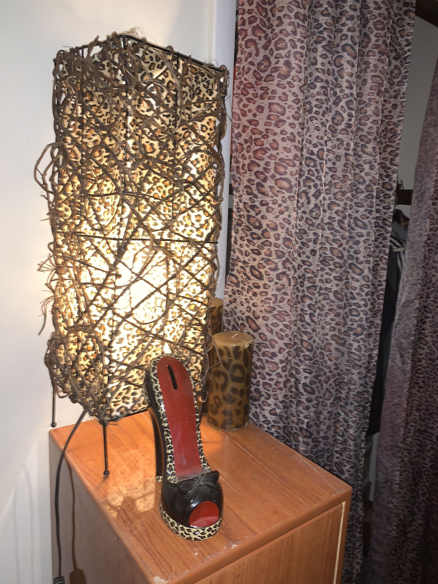 Animal leopard cheetah print Lamp, candle, and coin bank decor set