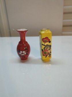 Antique Japanese Meiji Painted Pottery Miniature Vases 9cm Used