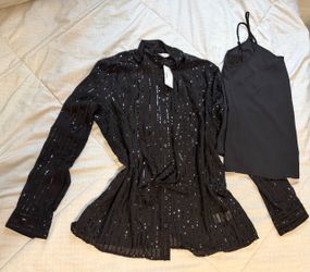 Black Sequin Button-Down Sheer Blouse with Tag