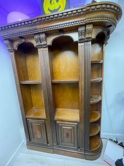 Large Ornate Wood Bookcase Display Cabinet